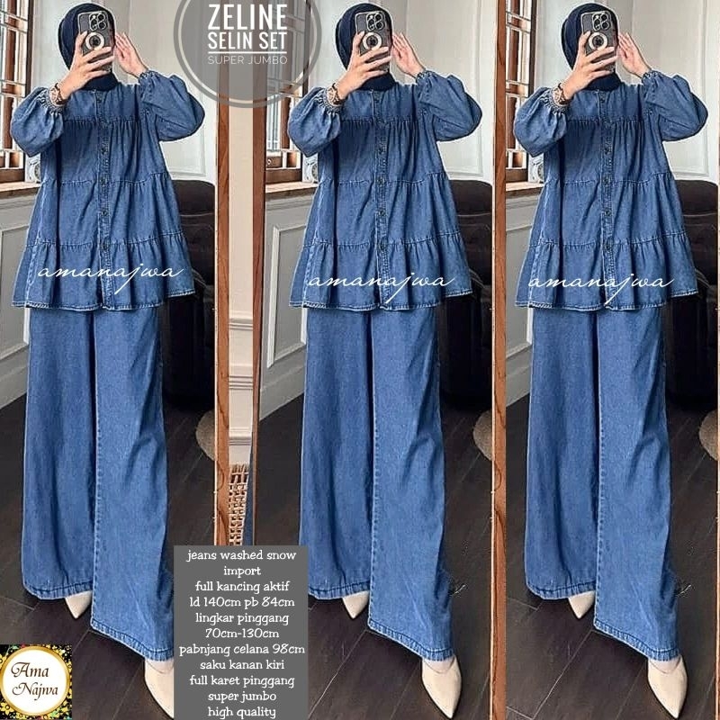 Zeline Selin One Set Setelan Jeans Celana Tunik Super Jumbo Ld 140 Fit XXXL By Amj