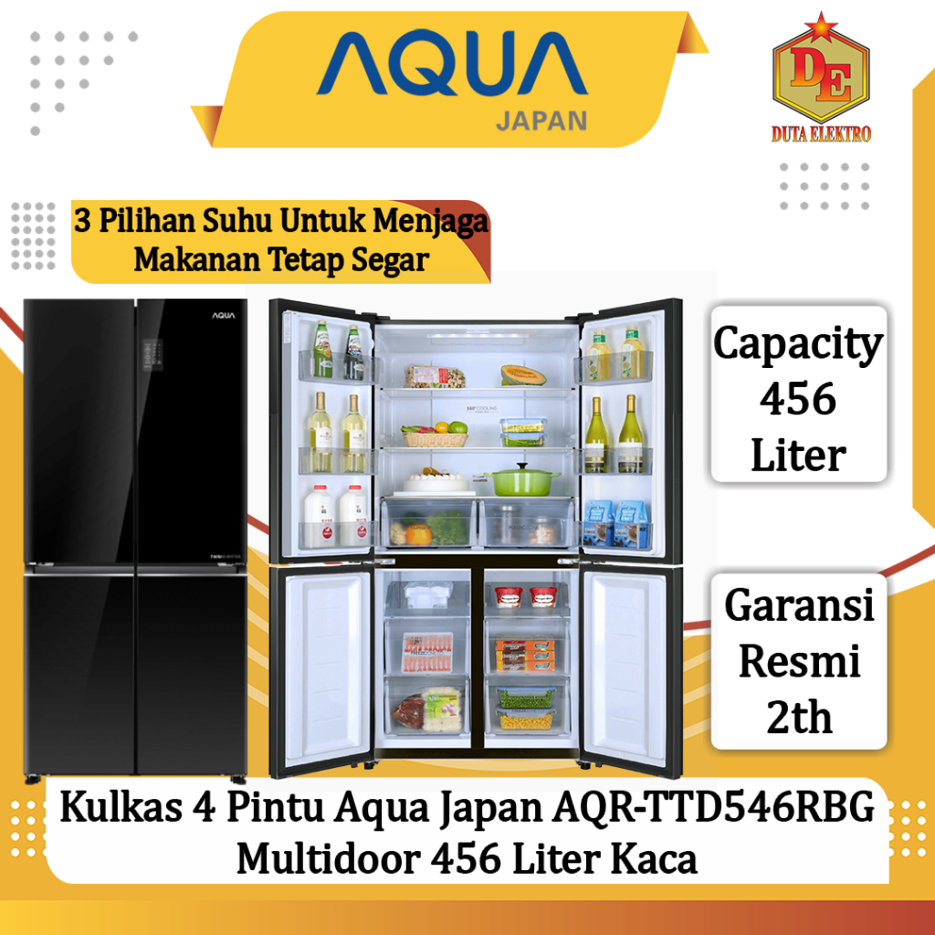 Kulkas 4 Pintu Aqua Japan AQR TTD 546 RBG Multidoor 456 Liter Kaca