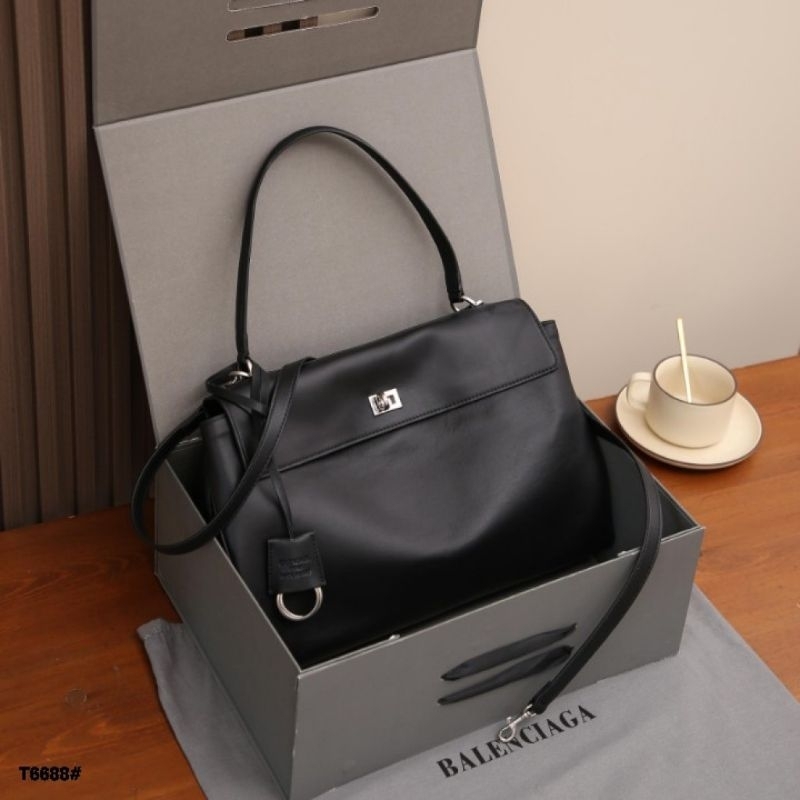 Balenciaga Rodeo Large Hand Bag In Black Smooth Calfskin, Aged Silver Harward Bag