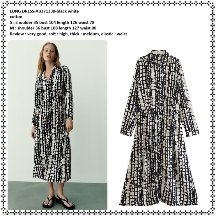 AB371330 Long Dress Midi Kemeja Pesta Lengan Panjang Wanita Korea Import Hitam Putih Tunik