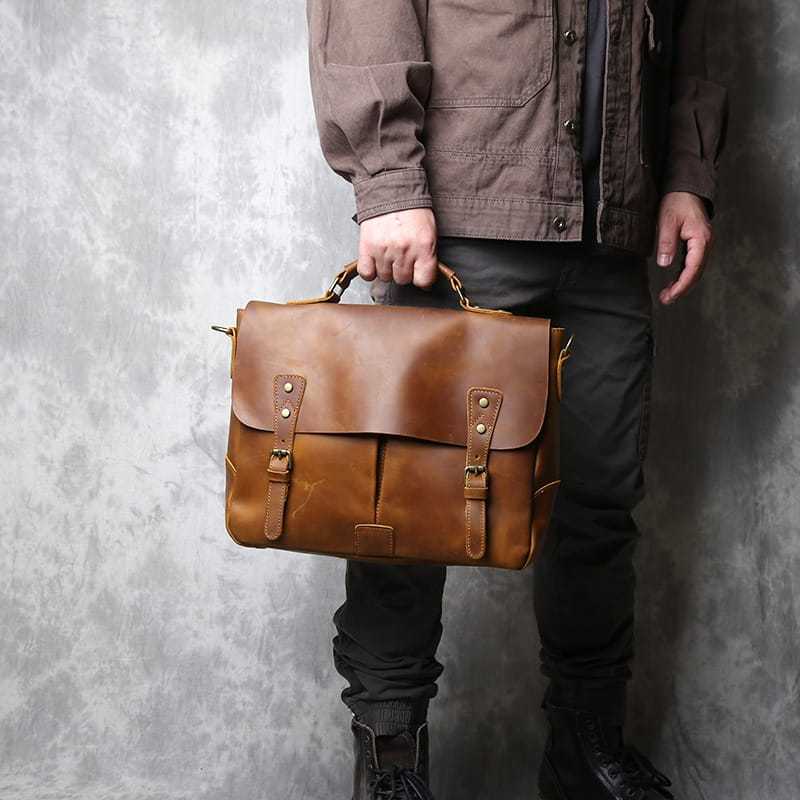 Tas Tangan Pria Kulit Asli Retro - Tas Laptop Kulit Pria Kulit Asli Crazy Horse