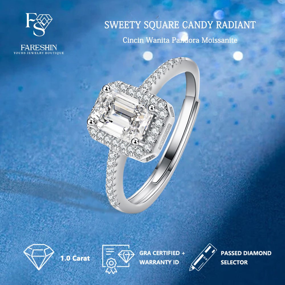 Fareshin Jewellery-Cincin Wanita Pandora Moissanite Sweety Square Candy Radiant White Gold 18K