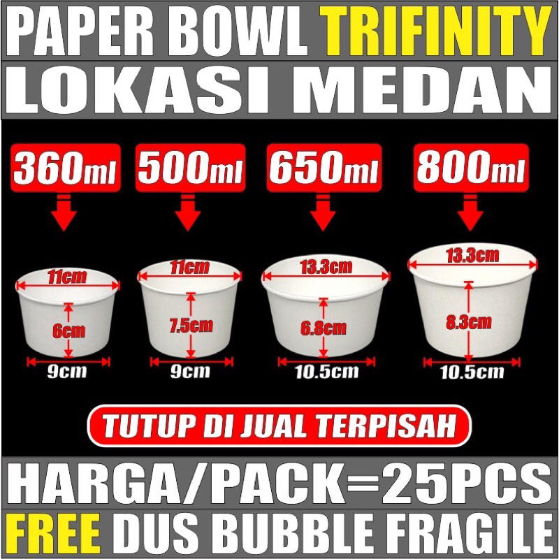 Paper Bowl 360ml 500ml 650ml 800ml Per Pack Hanya Body Mangkok Kertas Tahan Panas Medan