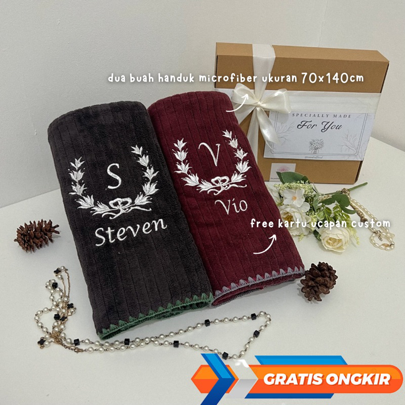Handuk Couple Hampers Pernikahan Custom Bordir Nama Handuk Seserahan / Handuk Custom Nama / Gift Set