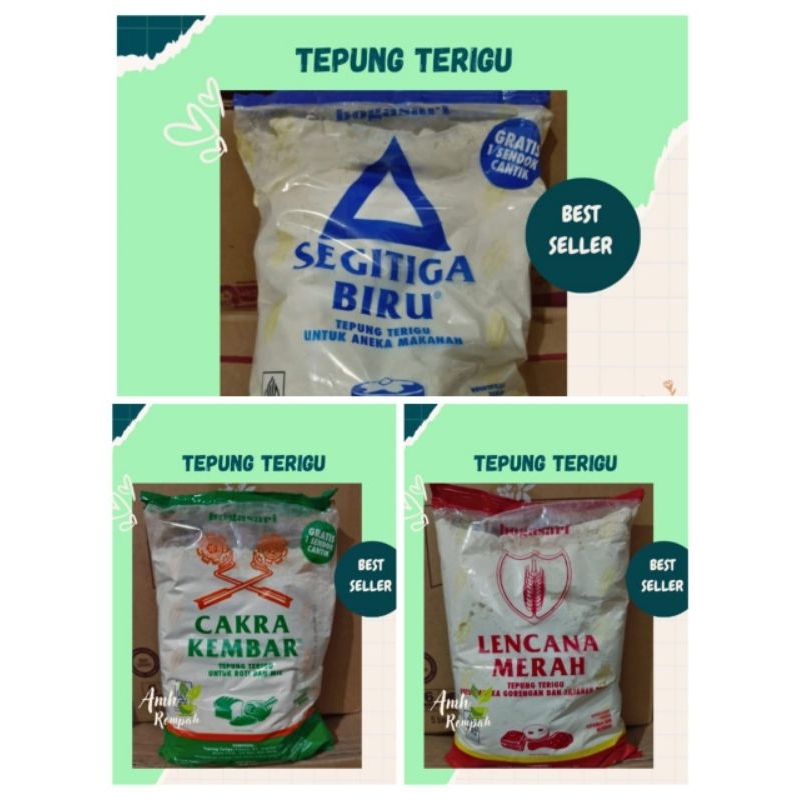 

Tepung Terigu, Segitiga biru, Lencana merah, Cakra kembar 1kg