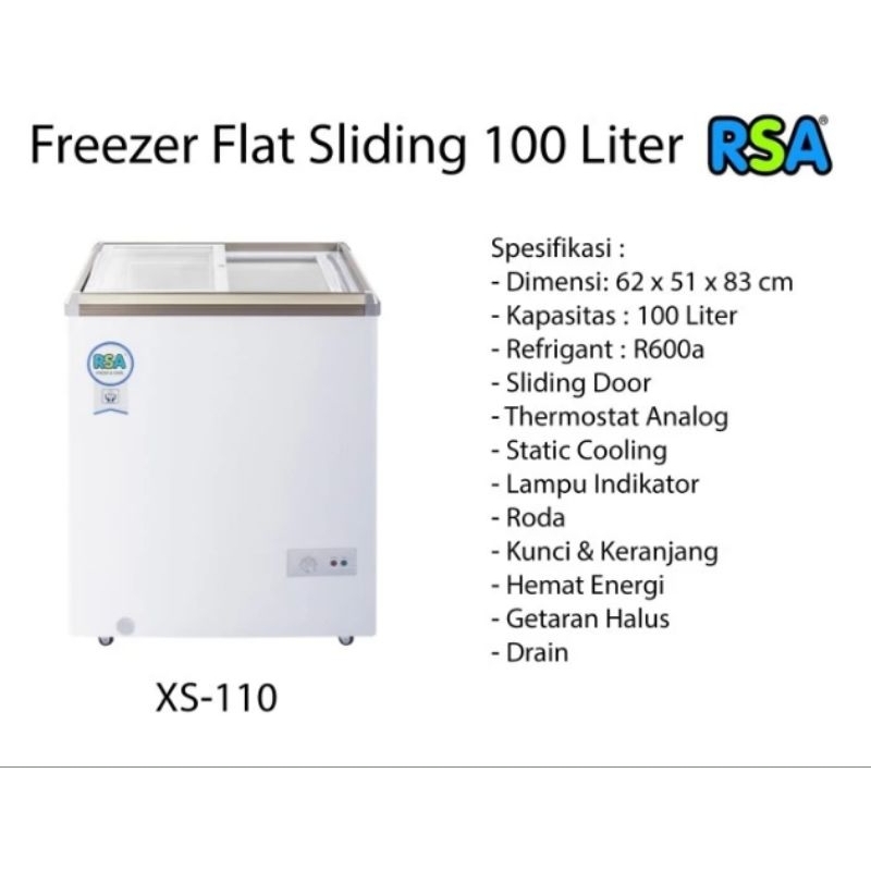 Box Freezer / Chest Freezer Sliding RSA 100Liter XS-110 / XS110 (Box Freezer Kaca)