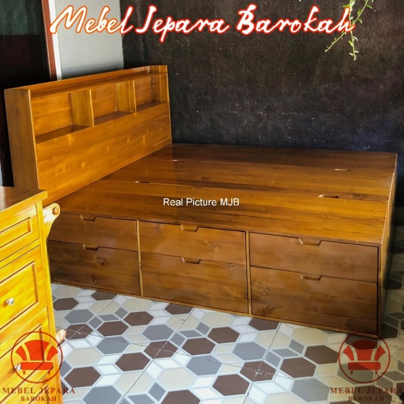 Ranjang Tidur 6 Laci Samping Kayu Jati Minimalis Dipan Blok Kayu Rak Head Board Serbaguna