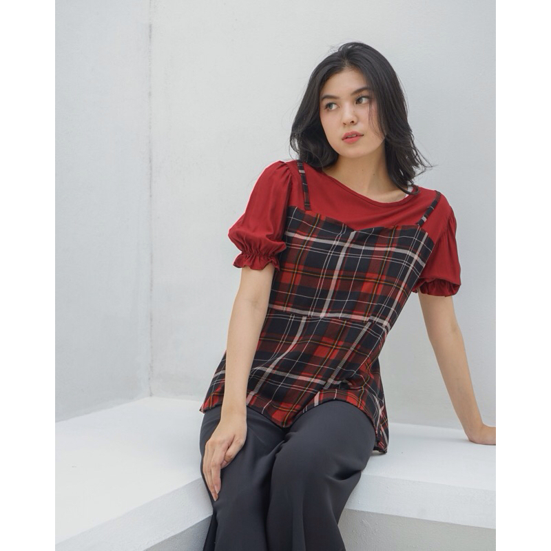 WINGO Claire Blouse - Atasan Wanita Kombinasi Kotak / Blouse Wanita Tangan Balon