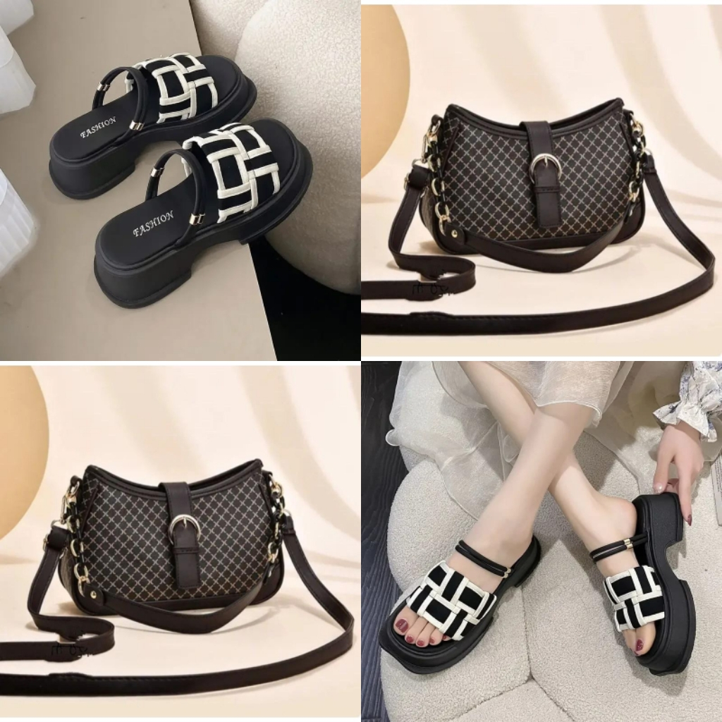 LARISBAGS1 Paket Sandal Wedges Flatporm Wanita Dan Tas pesta ayuna