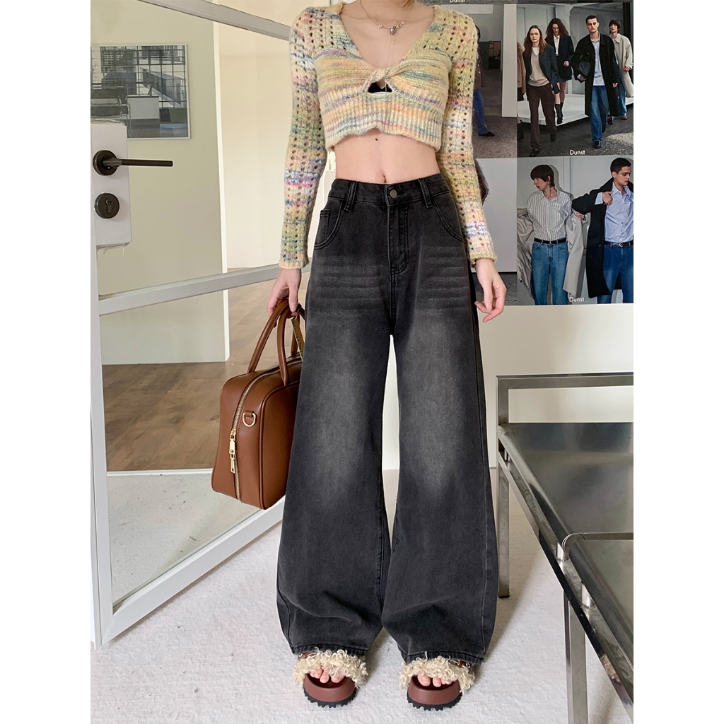 Celana Jeans Wanita Highwaist Straight Hitam abu / Kulot Jeans Loose Korea Style