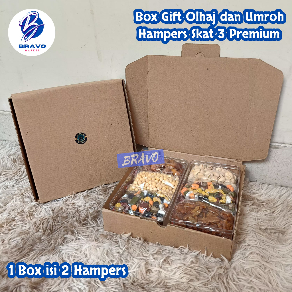 

Box Gift Oleh-oleh Haji dan Umroh Hampers Sekat 3 Premium / 1 Box isi 2 Hampers / Uk. 22x22x5cm
