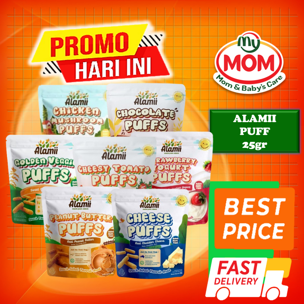 

ALAMII Puff 25gr - Cheese - Tomat - Mushroom - Chocolate - Corn & Carrot - Peanut - Yougurt - MyMom
