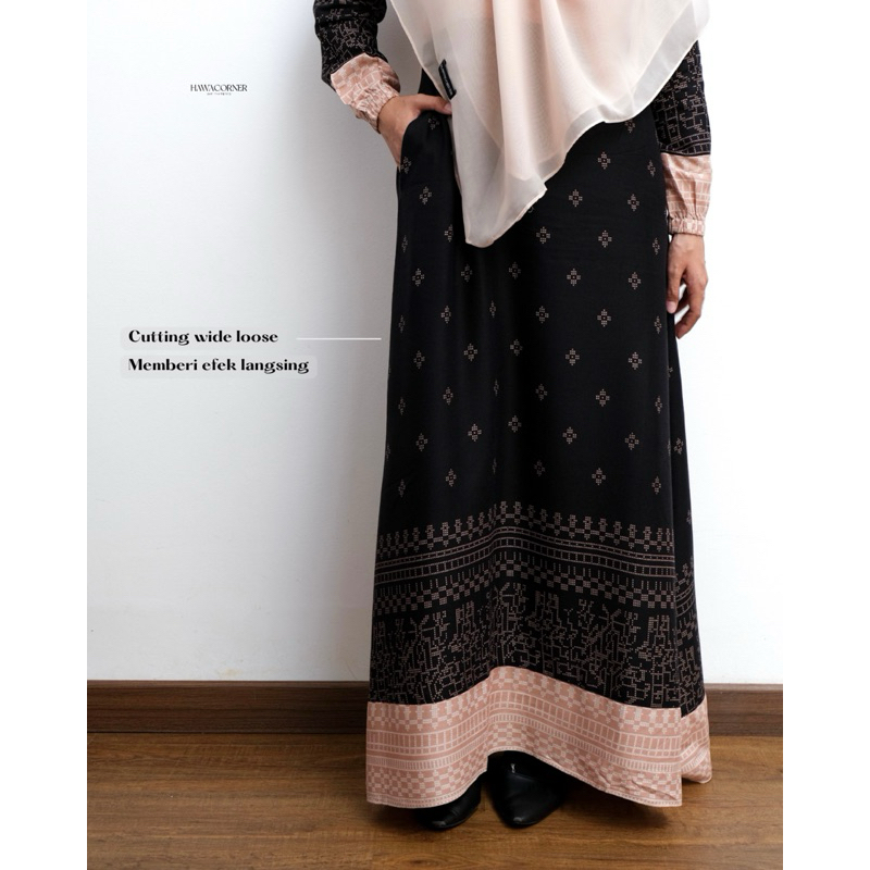 HAWACORNER NUHA Gamis Rayon Motif Etnik Gamis Hitam Motif Gamis Batik Modern Size XS sampai XL