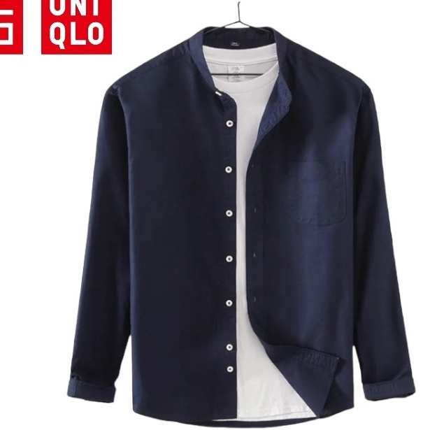 Bisa Cod  UNIQLO Kemeja Pria Lengan Panjang Kerah Shanghai Casual Slimfit  Cream M
