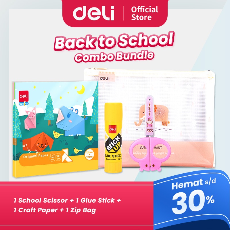 

DELI "BACK TO SCHOOL" BUNDLE - 1 School Scissor, 1 Glue Stick, 1 Craft Paper, 1 Zip Bag