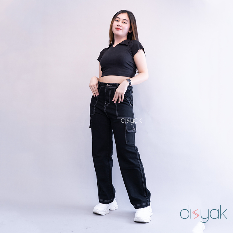 DISYAK - Highwaist Jeans Cargo Pants Boyfriend Loose Celana Panjang Wanita List Black 710-810