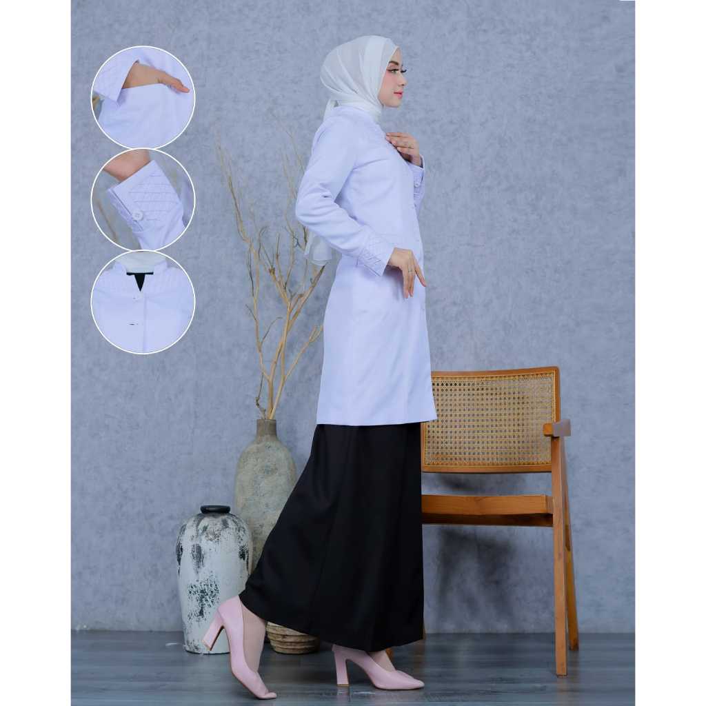Seragam Kerja Dinas Putih Hitam Tunik Stik Kotak set rok A hitam/celana panjang hitam/rok span hitam