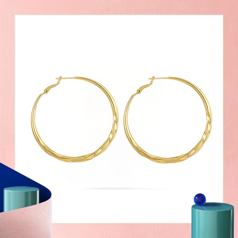 Anting Wanita Emas 18K Anting Hoop Besar Anting Hoop Polos Mewah Ringan