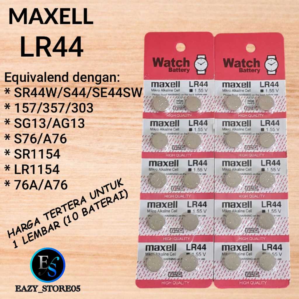 Baterai Maxell LR44 AG13 Alkaline Batrai Kancing LR 44 A76 76A Perlembar