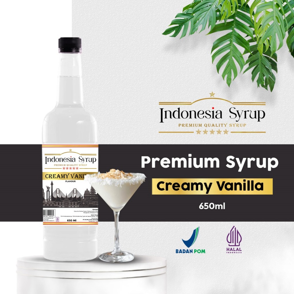 

Sirup Premium Rasa Creamy Vanilla / Krim Vanila Minuman Sirop Flavoured Syrup Halal BPOM 650 ml Indonesia Syrup Omura Powder