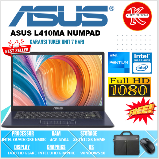 Laptop sekolah asus vivobook L410ma intel pentium ssd 512 gb