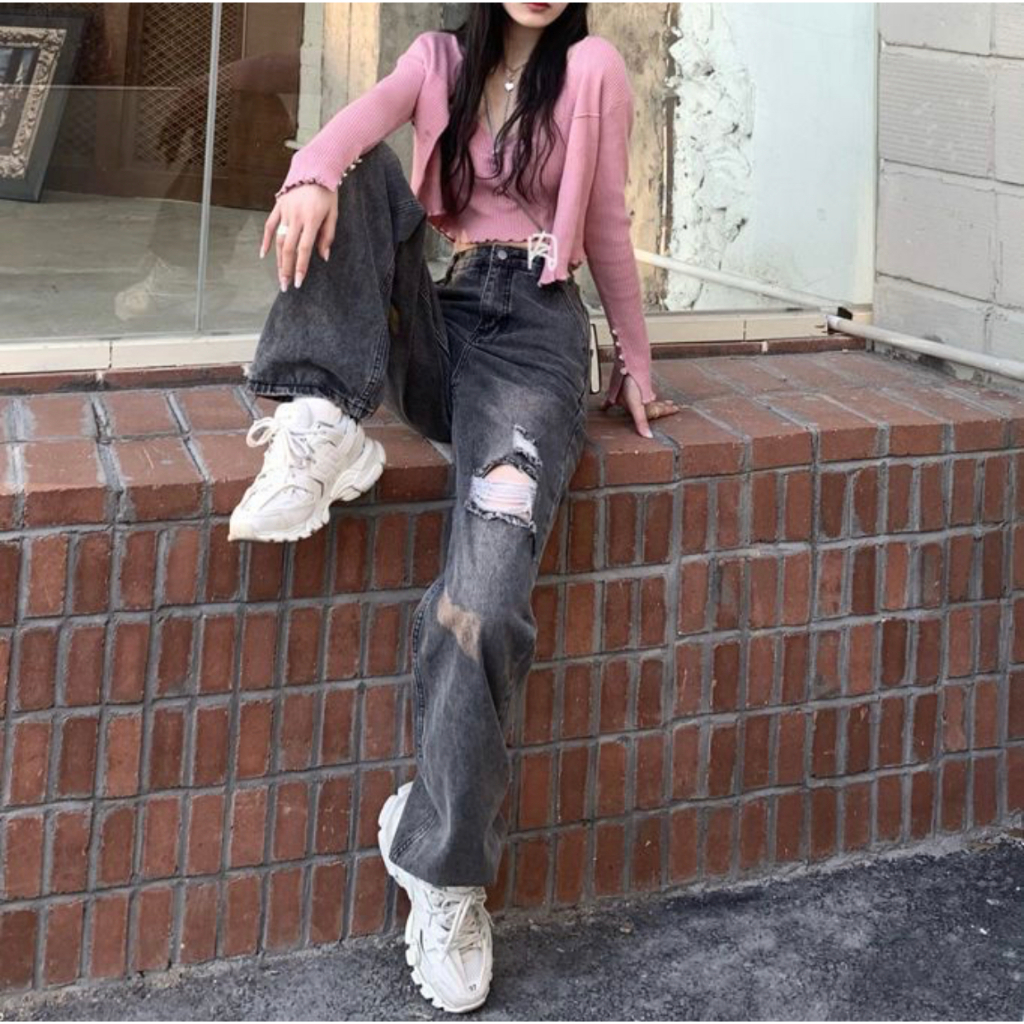 HOT DEALS Import Baru Hitam abu Fashion Robek Highwaist Kulot Jeans Wanita