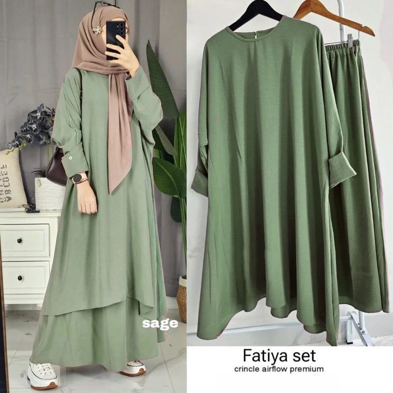 One Set Fatiya Tunik Abaya + Rok Jumbo Ld 140 Bahan Crinkle Airflow Premium Setelan Wanita Muslimah