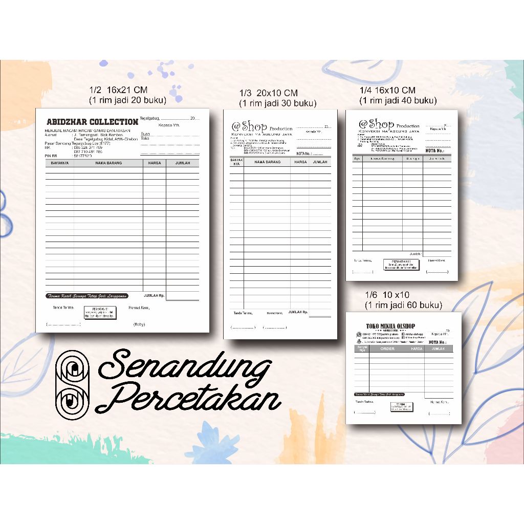 Faktur/Invoice/Nota Custom 1 ply ( kedai makanan, laundry, bengkel, toko, dll)