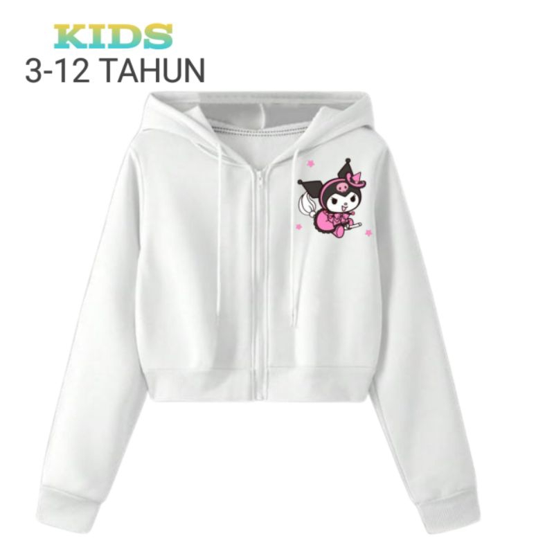 Sajaket Jaket Crop Kuromi Anak Perempuan Sweater Jaket Hoodie Ziffer  Crop top Anak 3-12 Yahun