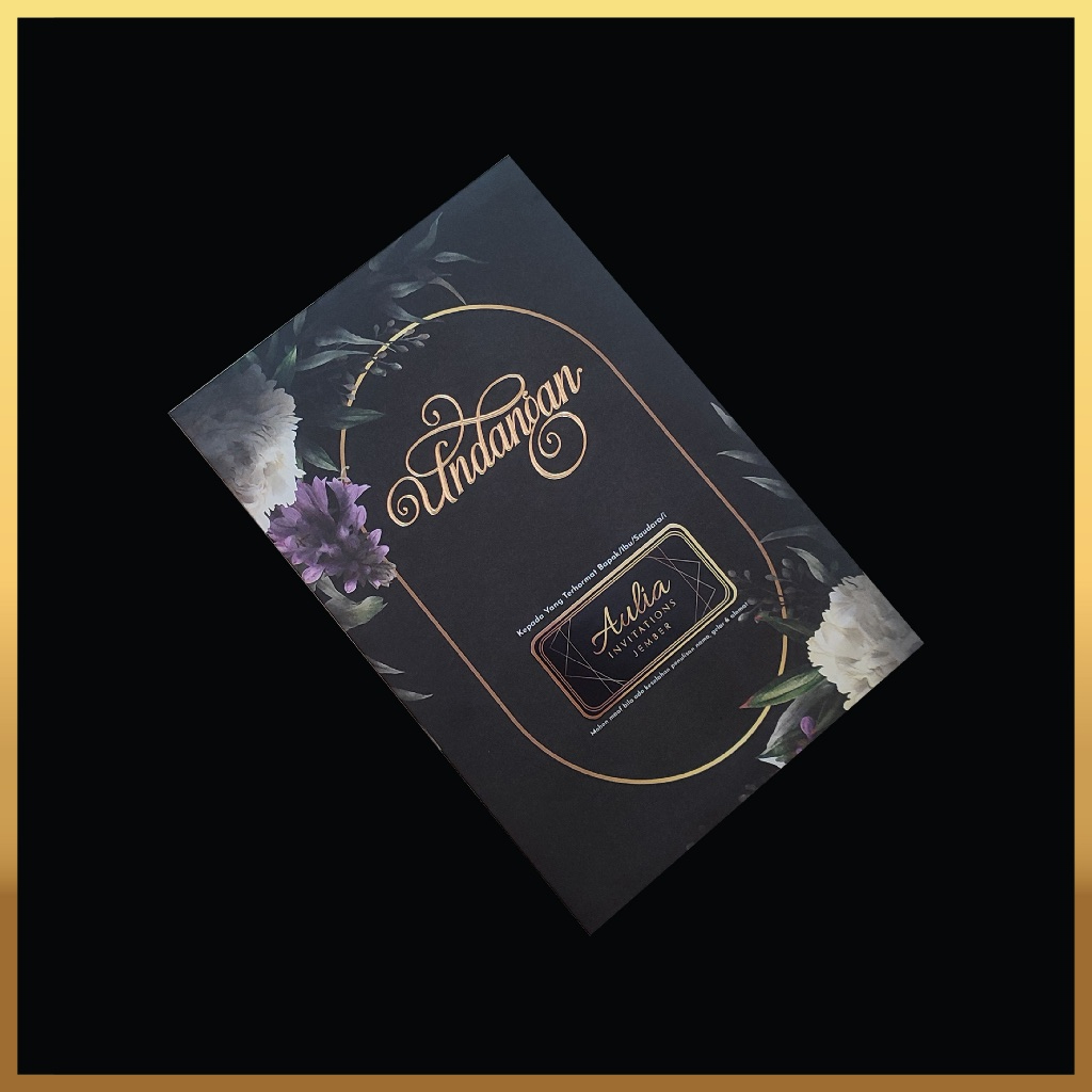 Undangan Pernikahan Hardcover Amplop Hitam Floral Abstrak Hotprint Emboss Foil Emas di Bagian Amplop