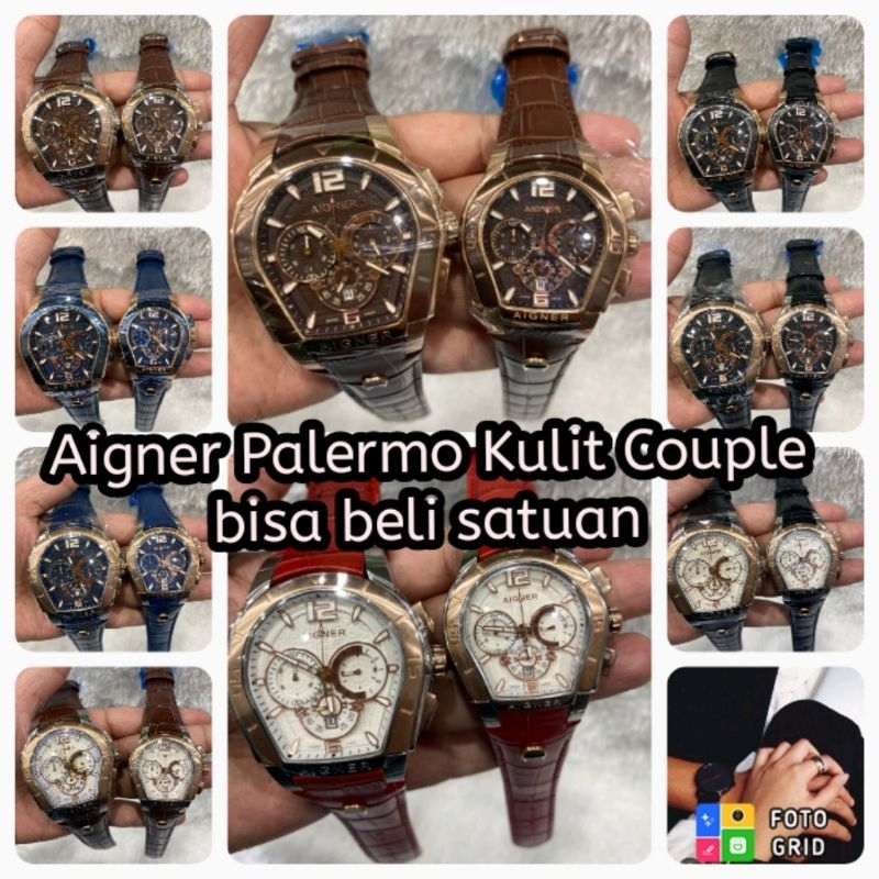 Kado jam couple Aigner palermo leather sepasang original