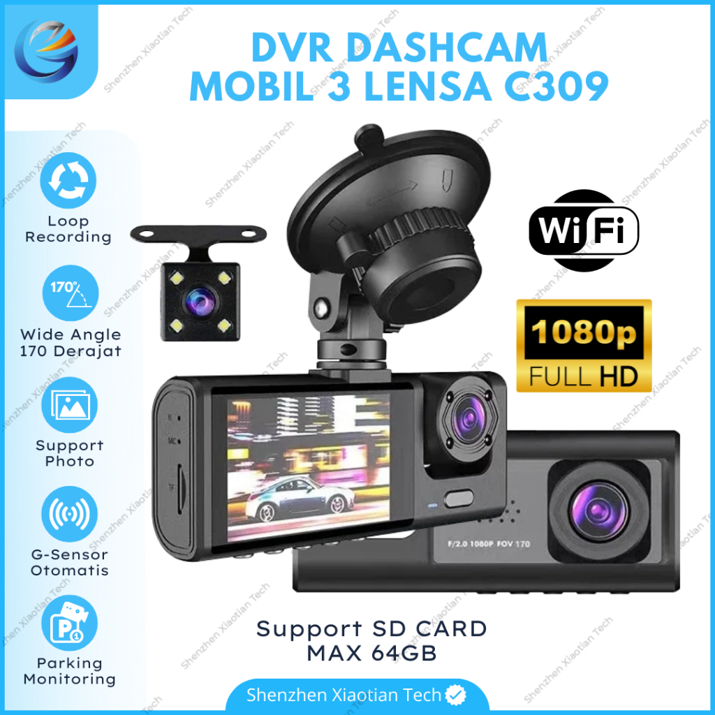 Kamera Dashcam Mobil WiFi C309 dengan 3 Lensa 1080P | Dvr Camera Dashcam Mobil 3 Lens Wifi Full HD |