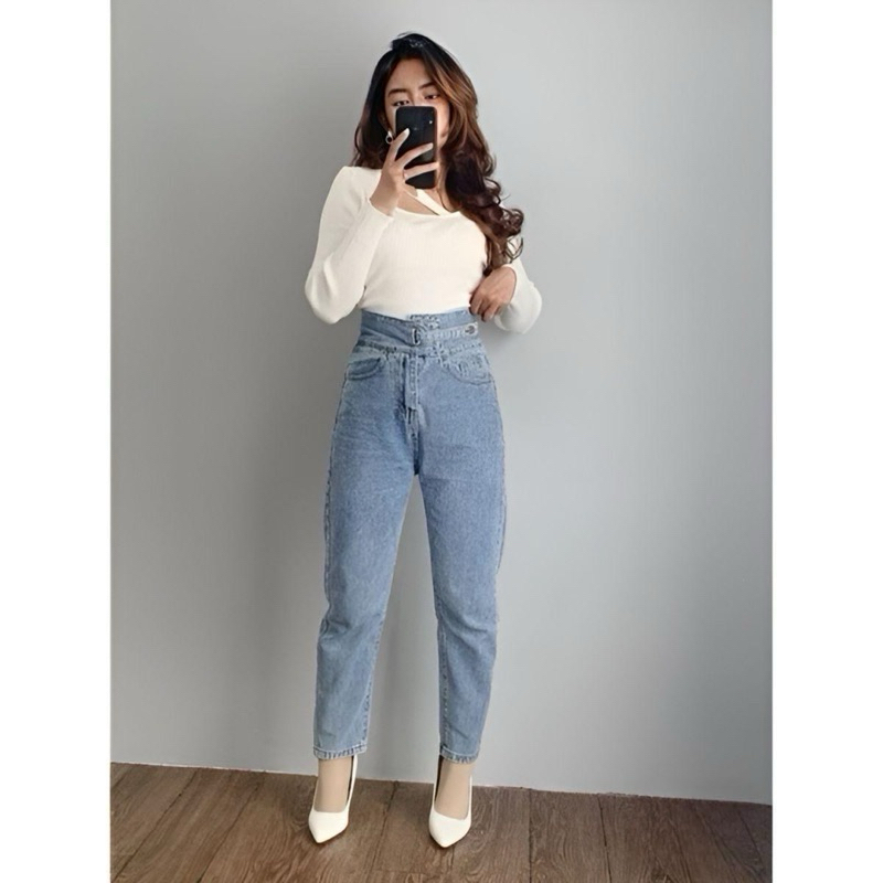 Celana Wanita D46 Jeans Highwaist Boyfrend Pinggang Tali