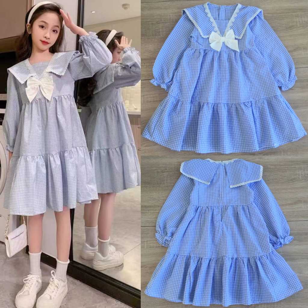 (4th-dewasa) Dress anak tanggung remaja lengan panjang import biru kotak pita gaun katun gamis tunik