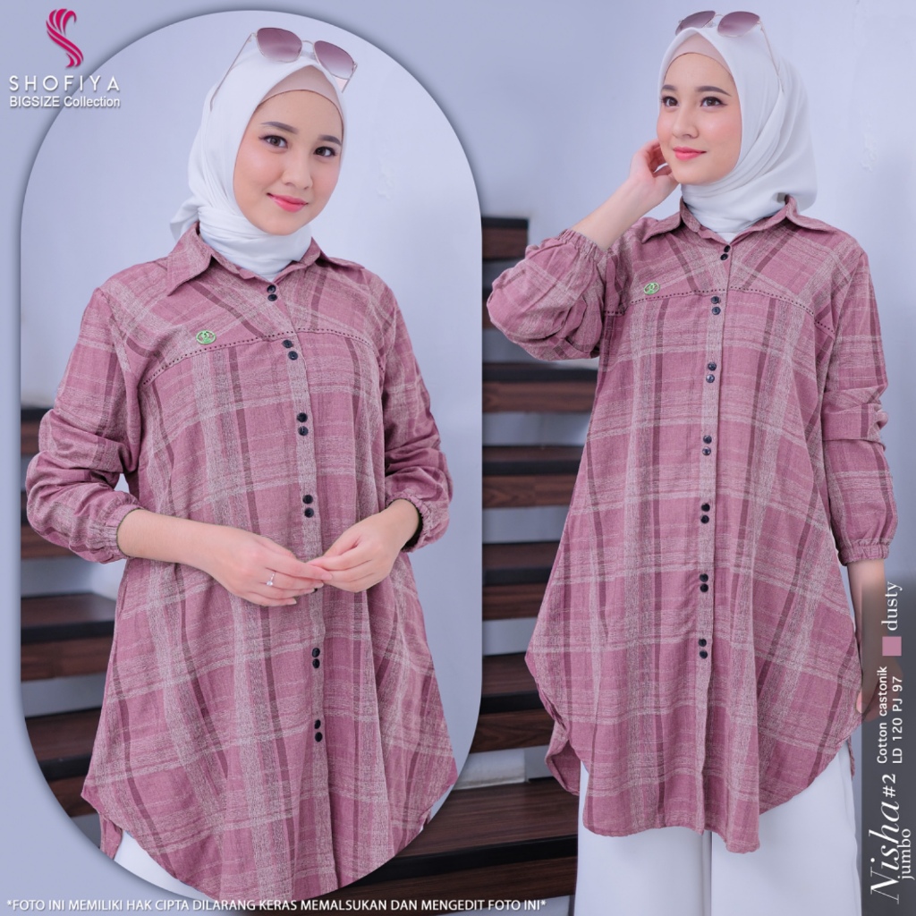 Nisha tunik kemeja atasan wanita muslim jumbo ld 120 bahan katun kotak kotak kekinian terbaru 2024