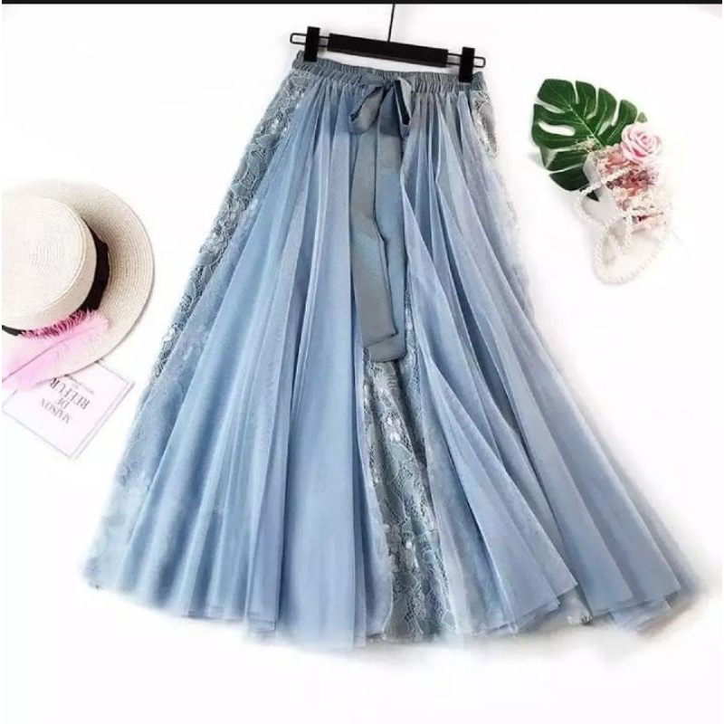 ROK TILE TUTU KOMBINASI TERBARU RENDA BORKAT KE KINIAN WANITA PANJANG BAWAHAN FULL FURING BAHAN ADEM