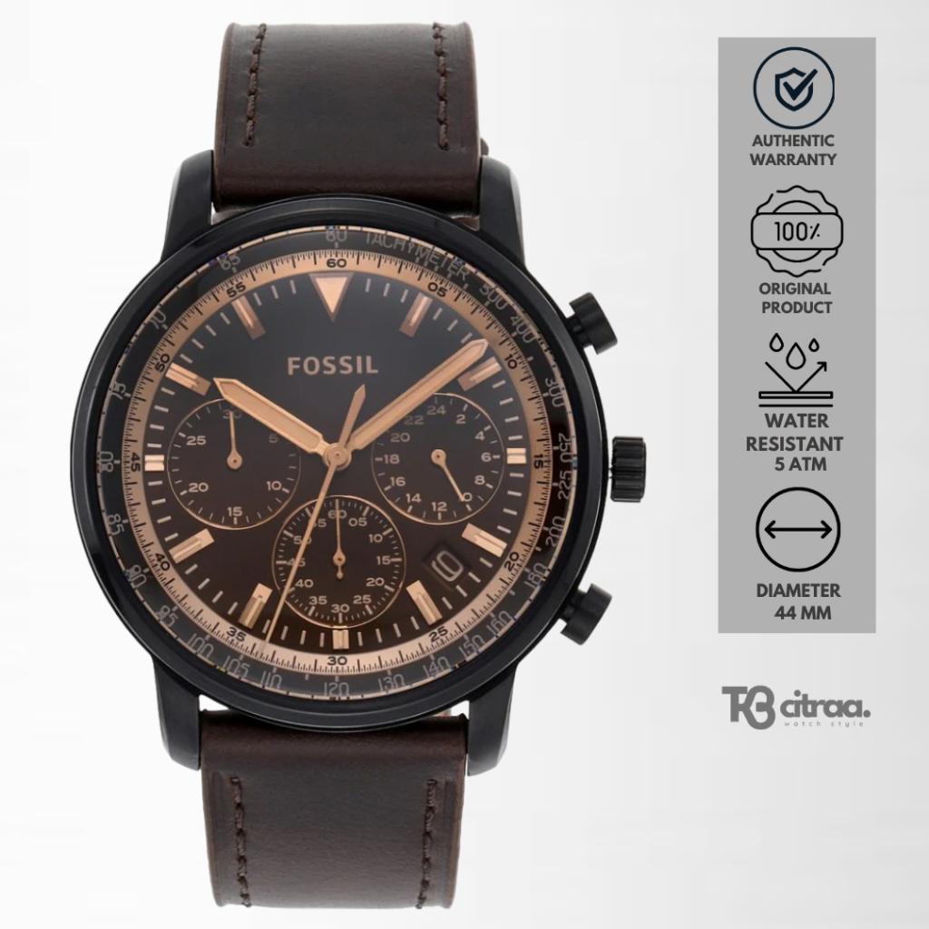 jam tangan fashion pria Fossil Goodwin analog strap kulit Chronograph Men Black Dial Brown Leather S