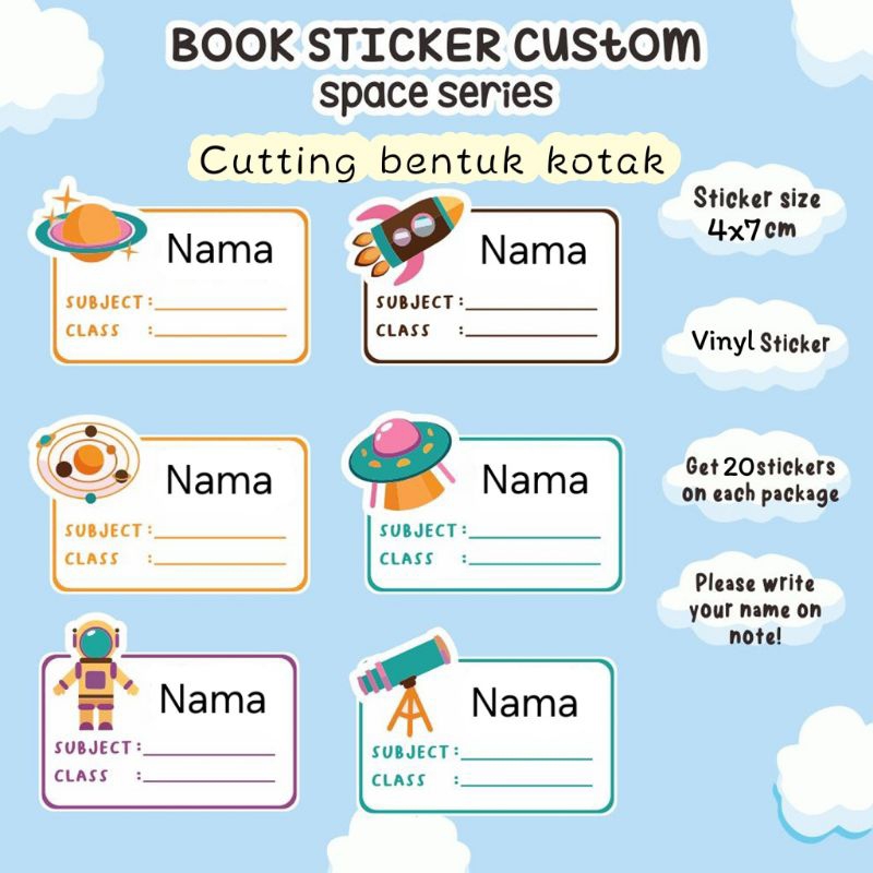 

PO 3 hari (Bentuk Kotak) Stiker Sticker Nama Anak Ufo Alien Space Astronot Luar Angkasa Untuk di tempel di buku tulis atau buku paket