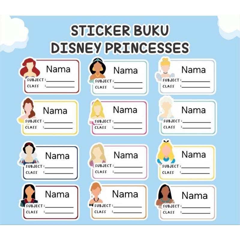 

PO 3-5 hari (Bentuk Kotak) Stiker Sticker Nama Anak Disney Princess Cinderella Mulan Jasmine Belle Ariel Elza Aurora Alice Snow White Rapunzel Untuk di tempel di buku tulis atau buku paket
