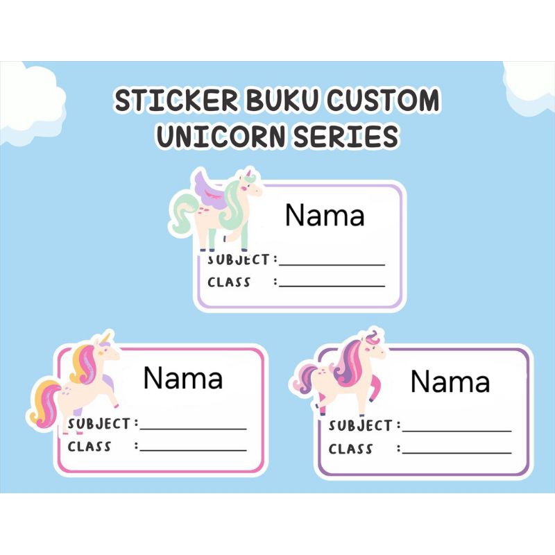 

PO 3 hari (Bentuk Kotak) Stiker Sticker Nama Anak Cewek gambar Unicorn Untuk di tempel di buku tulis atau buku paket