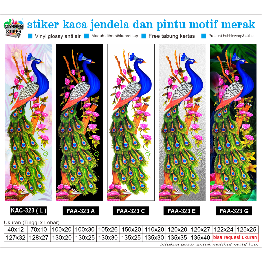 Stiker Kaca Jendela/Lemari Motif Burung Merak Bahan Vinil Anti Air (BUKAN SANDBLAST)