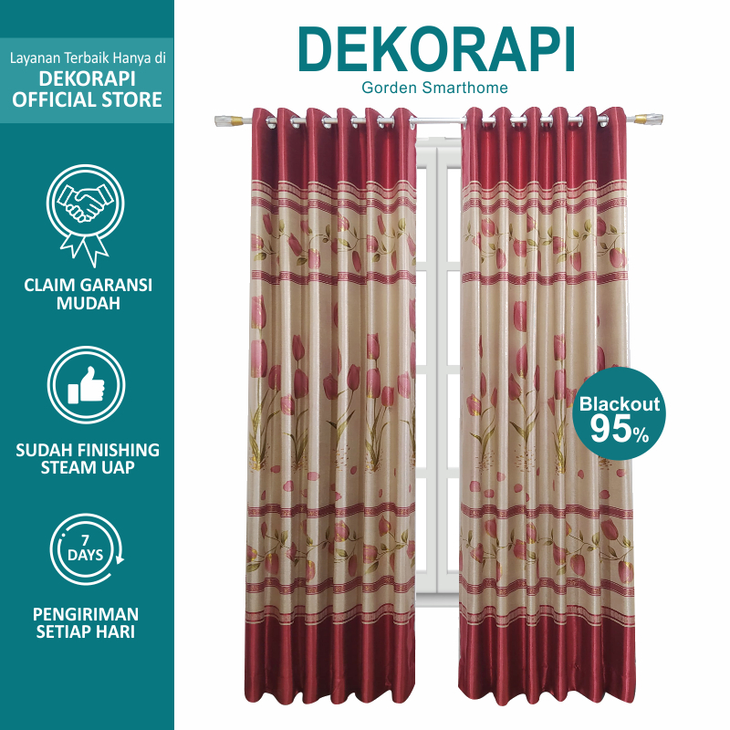 DEKORAPI Gorden Jendela Minimalis Motif Import Warna Merah Maroon