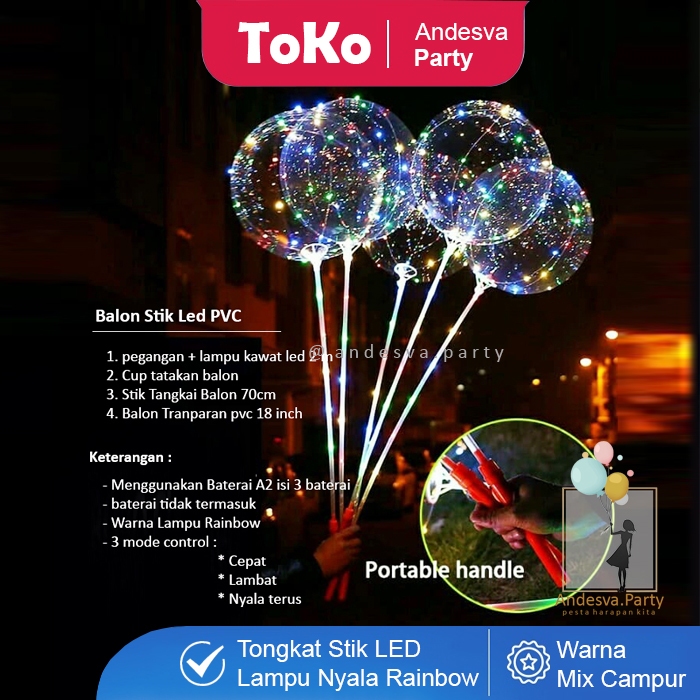 Balon led stik pvc baterai / balon pvc led transparan / stik led balon nyala / set stik balon led