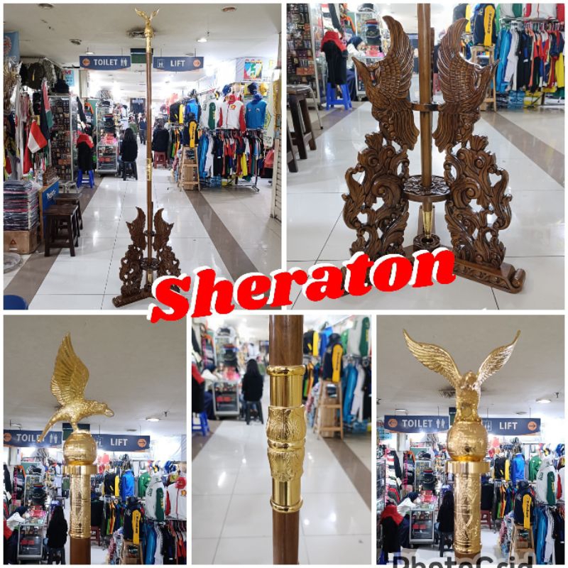 tiang bendera tiang pataka ruangan ukiran jati asli+1set kepala Garuda Kuningan+tengah+bawah