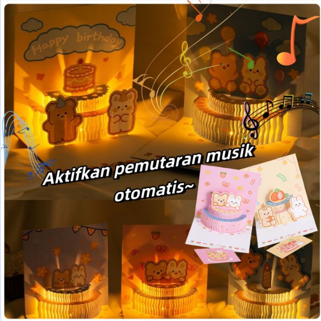 [Stok Terlaris] Kartu Ucapan Pop-Up 3D dengan Cahaya /  Kartun Beruang Lucu Kartu Ulang Tahun /DIY H