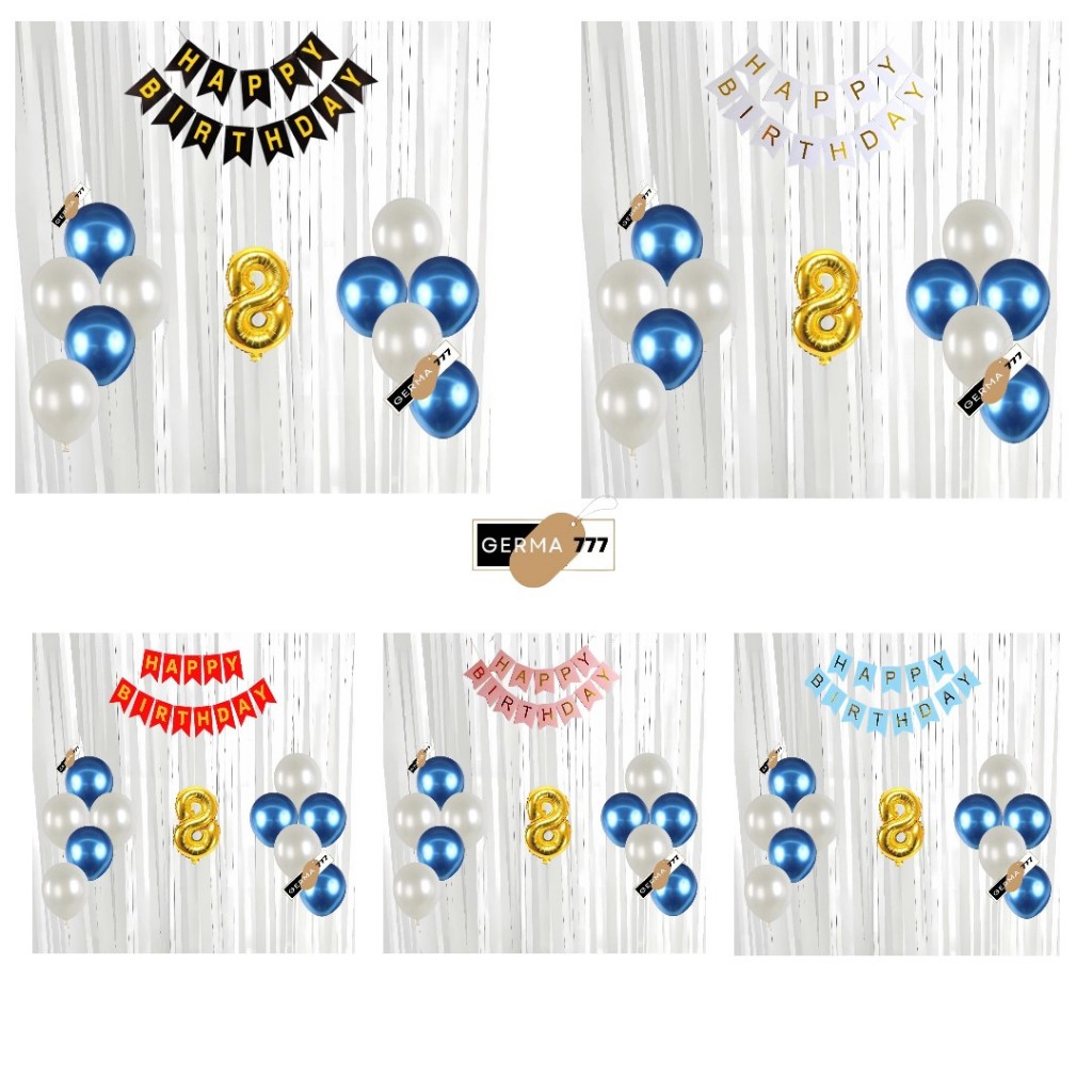 Pelengkapan Set Dekorasi Ulang Tahun Balon Latex Banner Happy Birthday Tirai Putih