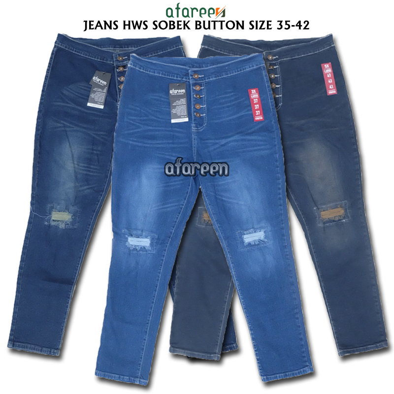 Jeans Highwaist Kancing 5 Celana Jeans Wanita Jumbo Sobek Tidak Tembus Jeans High Waist Ripped 35-43