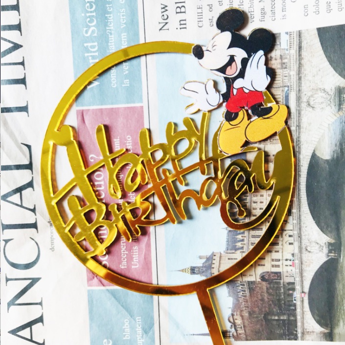 Cake Topper Akrilik HBD Karakter Mickeyyy dan Mini Mouse