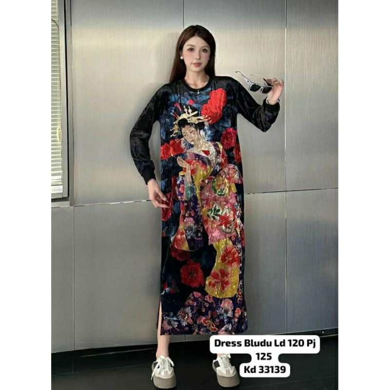 Dress Wanita JUMBO Ld 120-170Cm Import Leopard Bahan Bludru Premium Korean Style