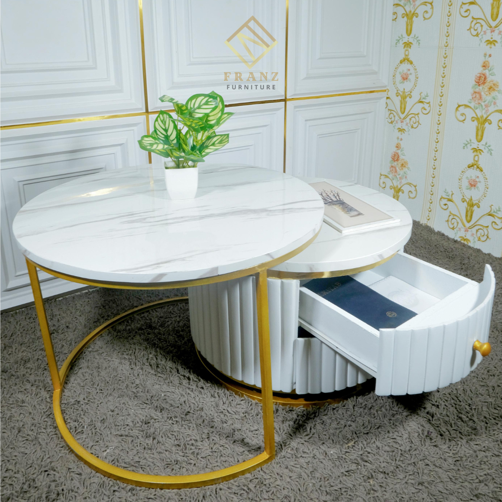 Meja Kopi Bulat Set 2 Minimalis Modern - Meja Tamu Susun HPL Marmer Gold 60cm Ruang Tamu Mewah